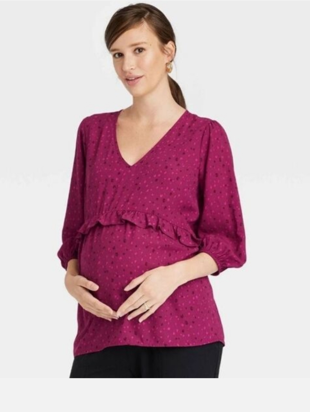 Isabel Maternity Ingrid & Isabel Ruffle Quarter Sleeve Purple Blouse Medium